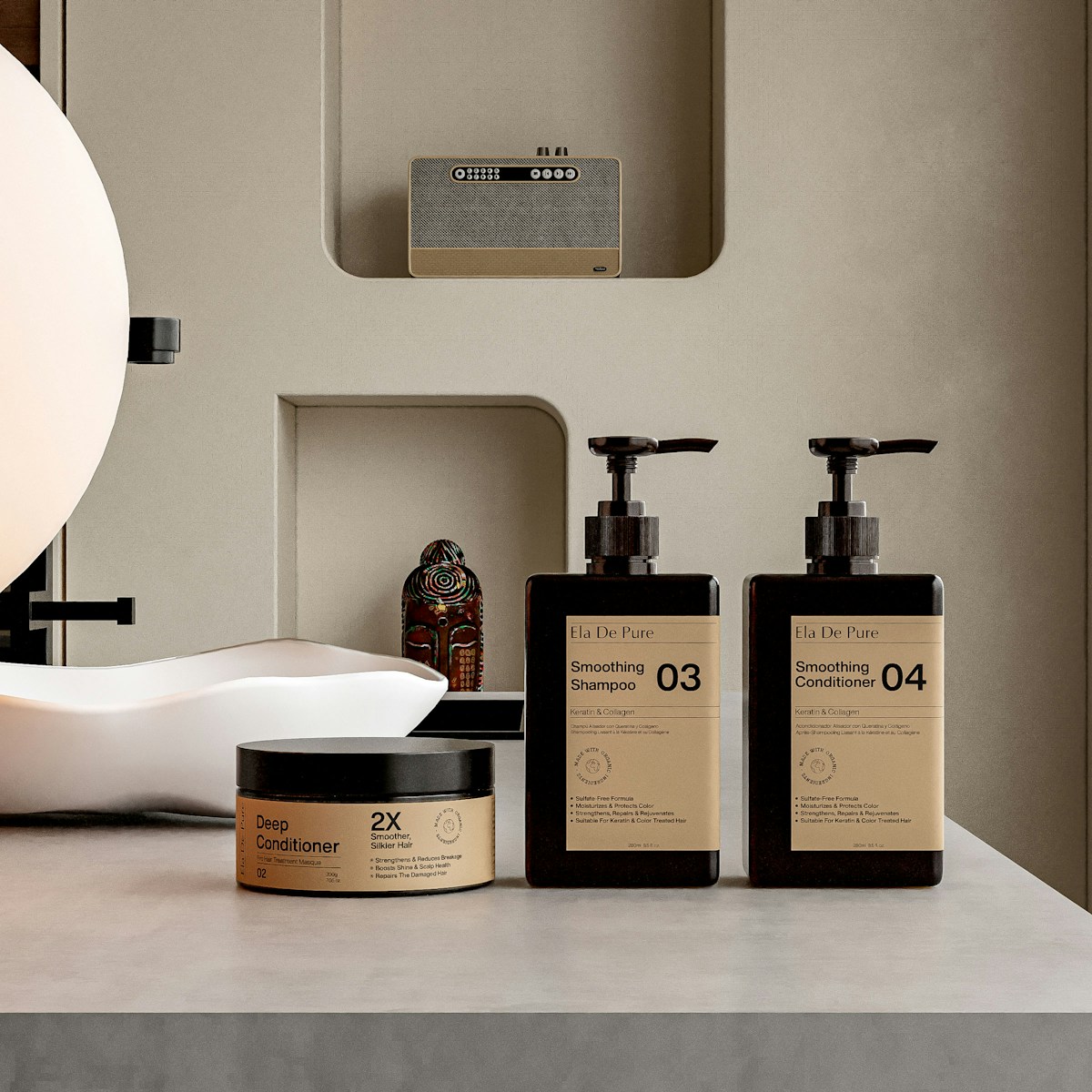 GRWM lifestyle — produits de salle de bain sur comptoir neutre
