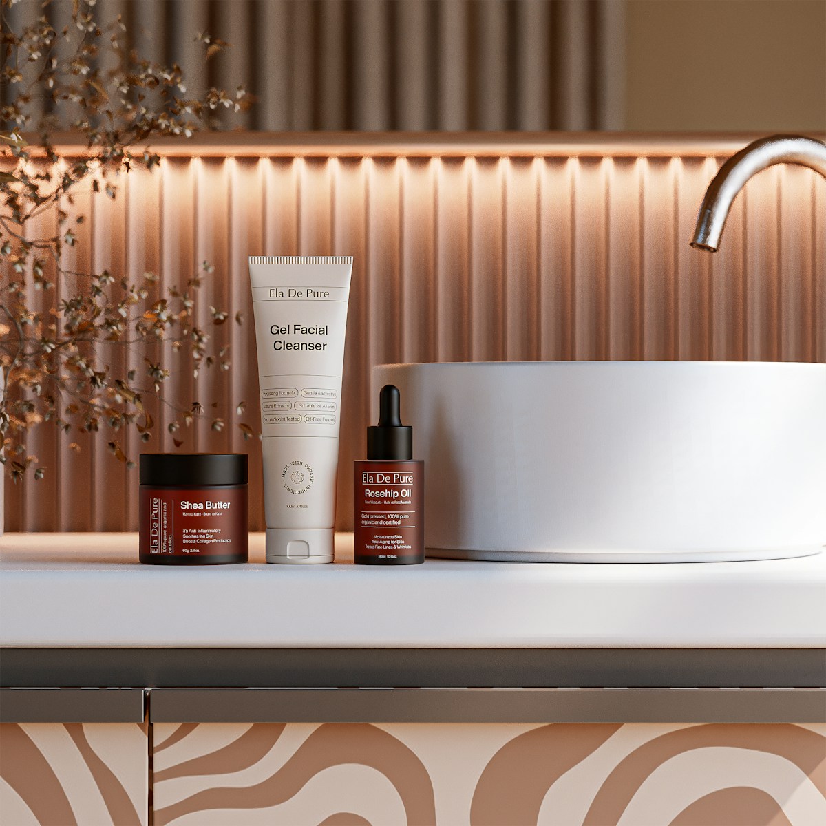 Demo produit — skincare sur meuble de salle de bain, lumière chaude